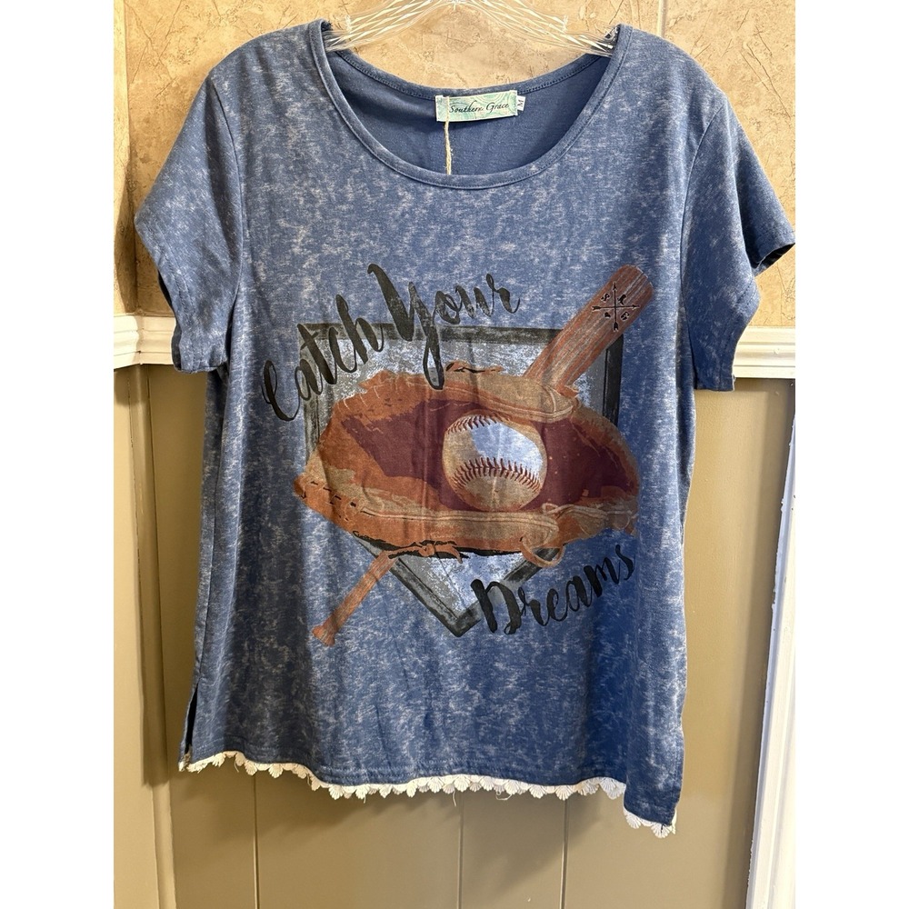 NWT Southern Grace‎ Baseball Shirt "Catch Your Dreams" Blue With Graphic Size M